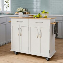 Rackhams 3ft Wooden Large Catering Trolley Cart Kitchen Cabinet with Drawer - White - thumbnail 2