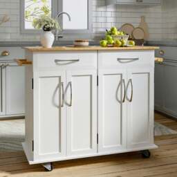 Rackhams 3ft Wooden Large Catering Trolley Cart Kitchen Cabinet with Drawer - White