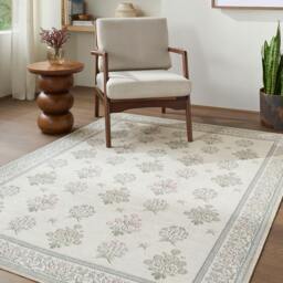 Rackhams Thistle-Washable Beige Green Pink Blue Modern Floral Rug - 160 x 220 cm - thumbnail 1