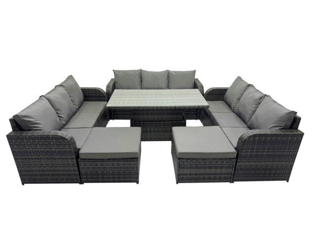 Rackhams Rattan Garden Furniture Dining Set 11 seater Patio Height Adjustable Rising Lifting Table Sofa Set with 2 Big Footstools Dark Grey Mixed - image 1