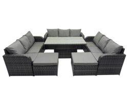 Rackhams Rattan Garden Furniture Dining Set 11 seater Patio Height Adjustable Rising Lifting Table Sofa Set with 2 Big Footstools Dark Grey Mixed - thumbnail 1