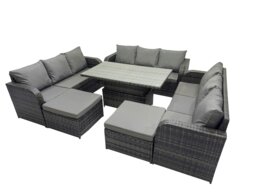 Rackhams Rattan Garden Furniture Dining Set 11 seater Patio Height Adjustable Rising Lifting Table Sofa Set with 2 Big Footstools Dark Grey Mixed - thumbnail 2