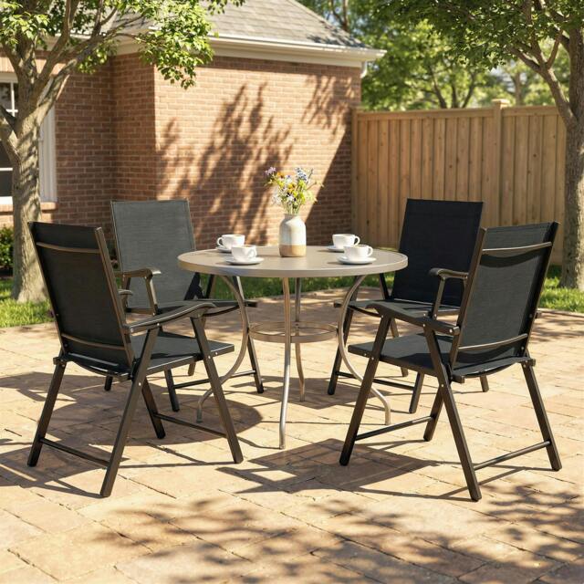 Rackhams Folding Garden Chairs Set with High Back, Armrests - Black - Set of 4 - Garden Chairs - image 1