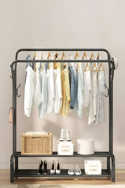 Rackhams Metal Clothes Rack Freestanding Double-Rod Cloak Rack - Black - image 1