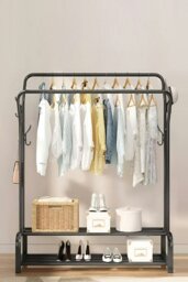 Rackhams Metal Clothes Rack Freestanding Double-Rod Cloak Rack - Black - thumbnail 1