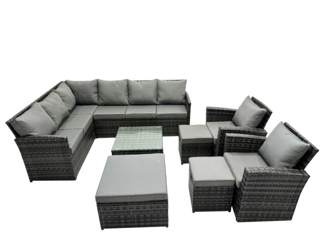 Rackhams 11 Seat Poly Rattan Outdoor Patio Coffee Table Corner Sofa Sets with 3 Stools 2 Chairs for Garden Backyard Dark Grey Mixed - image 1