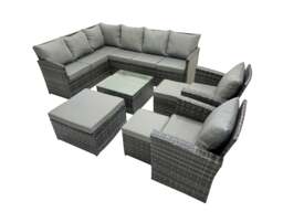Rackhams 11 Seat Poly Rattan Outdoor Patio Coffee Table Corner Sofa Sets with 3 Stools 2 Chairs for Garden Backyard Dark Grey Mixed - thumbnail 2