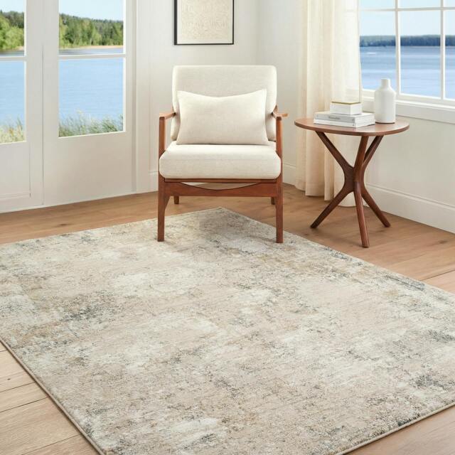 Rackhams Nathan-Abstract Beige Grey Brown Modern Marble Fringe Rug - 200 x 290 cm - image 1
