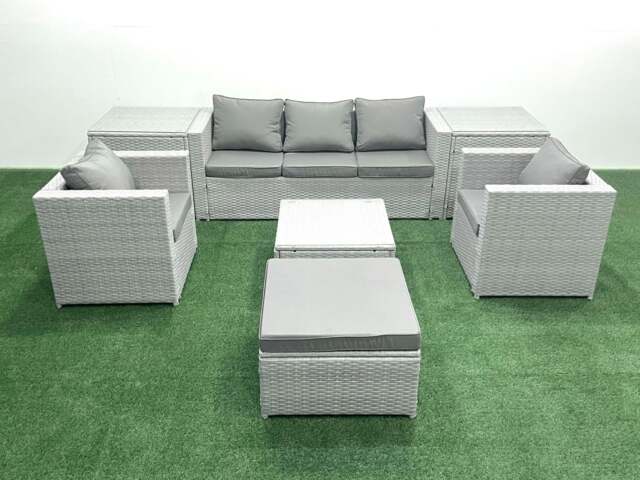 Rackhams 6 Seater Rattan Garden Furniture Set with 3 Seater Sofa 2 Chair Square Coffee Table Big Footstool 2 Side Tables Light Grey Mixed - image 1
