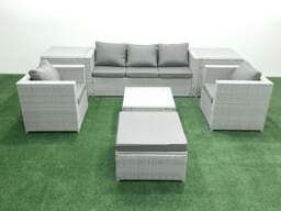 Rackhams 6 Seater Rattan Garden Furniture Set with 3 Seater Sofa 2 Chair Square Coffee Table Big Footstool 2 Side Tables Light Grey Mixed - thumbnail 2