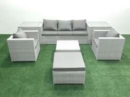 Rackhams 6 Seater Rattan Garden Furniture Set with 3 Seater Sofa 2 Chair Square Coffee Table Big Footstool 2 Side Tables Light Grey Mixed - thumbnail 1