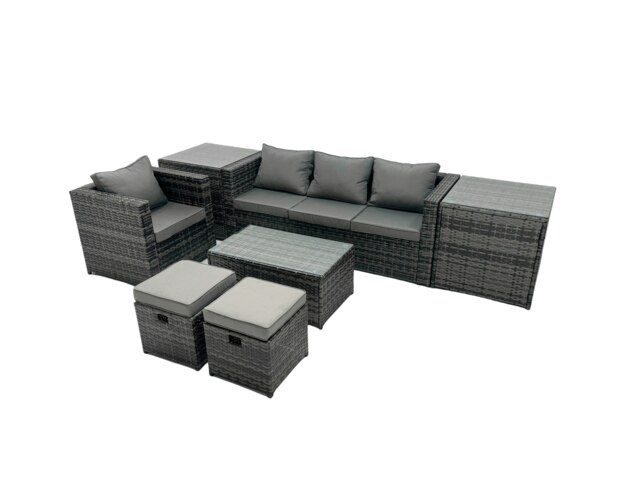 Rackhams Outdoor Coffee Table Sofa Armchair Set with 2 Side Tables 2 Small Footstools Garden Furniture Set Dark Grey Mixed - image 1