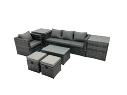 Rackhams Outdoor Coffee Table Sofa Armchair Set with 2 Side Tables 2 Small Footstools Garden Furniture Set Dark Grey Mixed - thumbnail 1