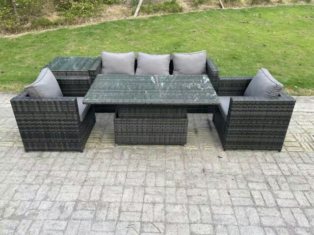 Rackhams Outdoor Rattan Garden Furniture Sofa Set Patio Adjustable Rising Lifting Dining Table Set with Side Table 2 Armchairs Dark Grey Mixed - image 1