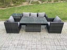 Rackhams Outdoor Rattan Garden Furniture Sofa Set Patio Adjustable Rising Lifting Dining Table Set with Side Table 2 Armchairs Dark Grey Mixed - thumbnail 2