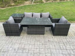 Rackhams Outdoor Rattan Garden Furniture Sofa Set Patio Adjustable Rising Lifting Dining Table Set with Side Table 2 Armchairs Dark Grey Mixed - thumbnail 1