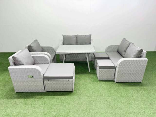 Rackhams 9 Seater Rattan Garden Furniture Set Outdoor Love Sofa Set with Rectangular Dining Table 3 Footstools Light Grey - image 1