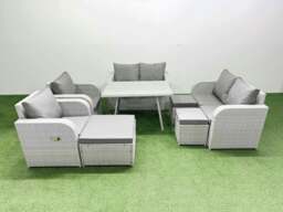Rackhams 9 Seater Rattan Garden Furniture Set Outdoor Love Sofa Set with Rectangular Dining Table 3 Footstools Light Grey - thumbnail 1