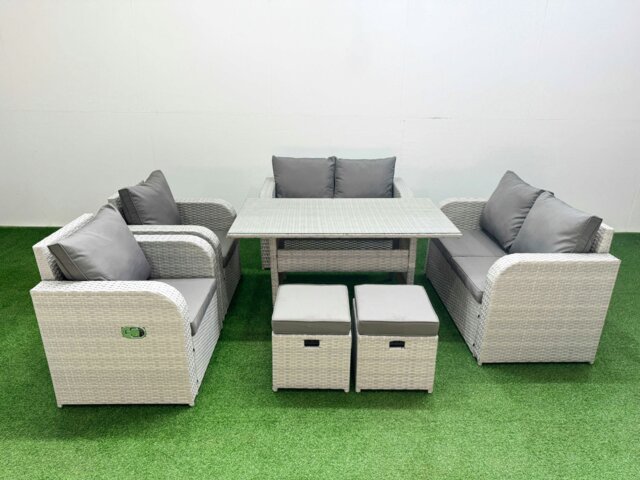 Rackhams 8 Seater Outdoor Reclining Chair Love Sofa Set Rattan Garden Furniture Set with Rectangular Dining Table 2 Stools Light Grey - image 1