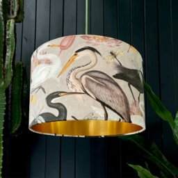 "Rackhams Bird Song Velvet Lampshade in Bone With Gold Lining - Ceiling Pendant / Arc Lamp - 40cm Diameter x 25cm Height (16"" x 10"")"