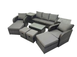 Rackhams Outdoor Reclining Chair 3 Seater Sofa Coffee Table Set Garden Rattan Furniture Set 9 Seater with 4 Stools 2 Side Tables Dark Grey - thumbnail 1