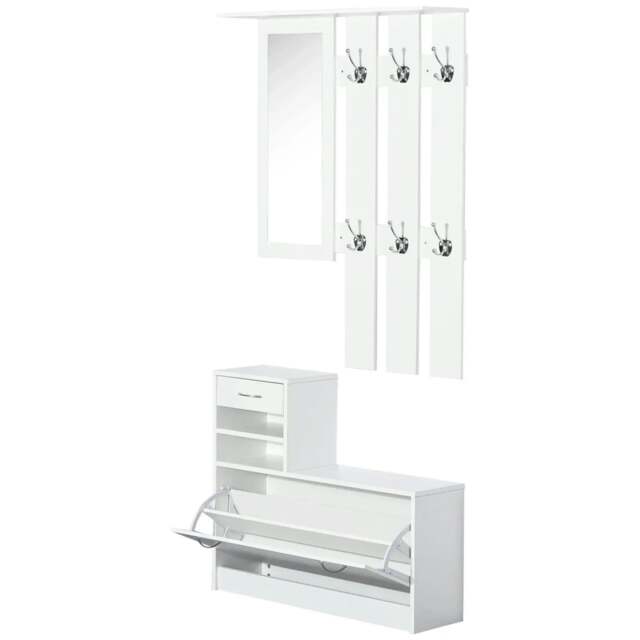 Rackhams 2PC Shoes Storage Chest Cloths Rack Unit w/Mirror Multiple Shelves Large Storage Capacity Shoes Cabinet 6 Hooks Cloth Rack White - image 1