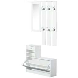 Rackhams 2PC Shoes Storage Chest Cloths Rack Unit w/Mirror Multiple Shelves Large Storage Capacity Shoes Cabinet 6 Hooks Cloth Rack White - thumbnail 1