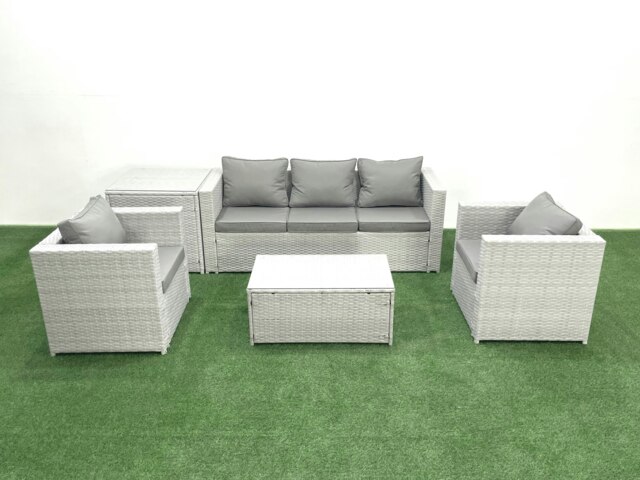 Rackhams Rattan Garden Furniture Set with 3 Seater Sofa 2 Chair Rectangular Coffee Table Side Table Light Grey Mixed 5 Seater - image 1