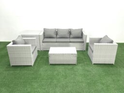 Rackhams Rattan Garden Furniture Set with 3 Seater Sofa 2 Chair Rectangular Coffee Table Side Table Light Grey Mixed 5 Seater - thumbnail 2