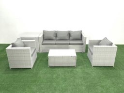 Rackhams Rattan Garden Furniture Set with 3 Seater Sofa 2 Chair Rectangular Coffee Table Side Table Light Grey Mixed 5 Seater - thumbnail 1
