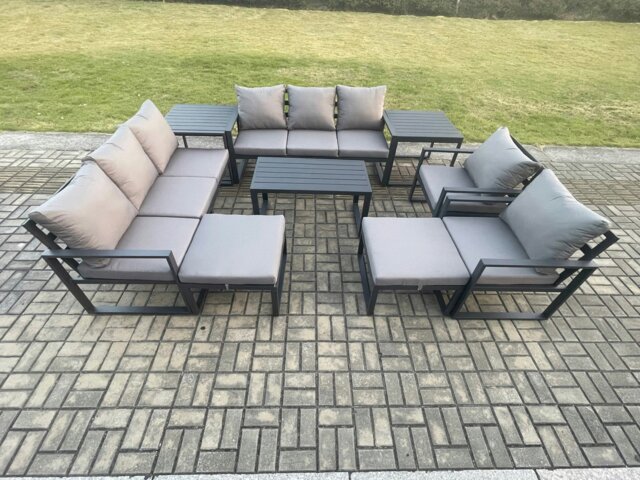 Rackhams Aluminium Outdoor Garden Furniture Lounge Sofa 2 PC Chairs Oblong Coffee Table Sets with 2 Side Tables 2 Big Footstool Dark Grey - image 1