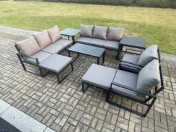 Rackhams Aluminium Outdoor Garden Furniture Lounge Sofa 2 PC Chairs Oblong Coffee Table Sets with 2 Side Tables 2 Big Footstool Dark Grey - thumbnail 2