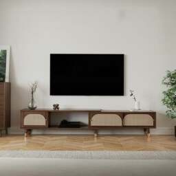 Rackhams Kirsten Rattan TV Stand, Rubber Wood - Walnut Color - thumbnail 1