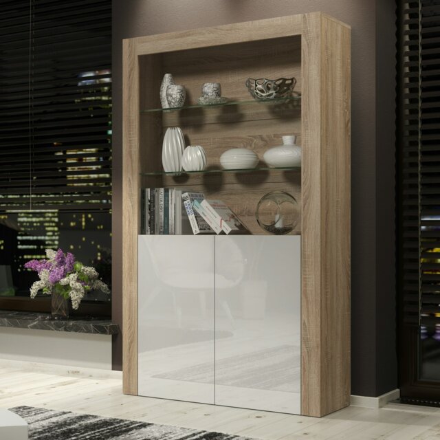 Rackhams Tall Display Cabinet 170cm Oak Matt Body and White Gloss Doors – Modern Open Shelving Unit - Matt Body & Gloss Doors - 170 - Full assembly required. - image 1