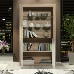 Rackhams Tall Display Cabinet 170cm Oak Matt Body and White Gloss Doors – Modern Open Shelving Unit - Matt Body & Gloss Doors - 170 - Full assembly required. - thumbnail 3