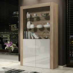 Rackhams Tall Display Cabinet 170cm Oak Matt Body and White Gloss Doors – Modern Open Shelving Unit - Matt Body & Gloss Doors - 170 - Full assembly required.