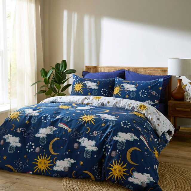 Rackhams Disco Space Cotton Reversible Duvet Cover Set Navy Blue - Super King - Navy Blue - image 1