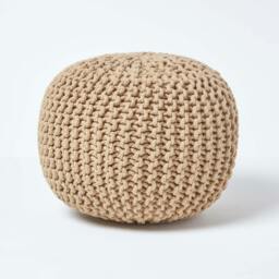 Rackhams Round Cotton Knitted Pouffe Footstool Bean Filled Hand Knitted - Linen - thumbnail 1