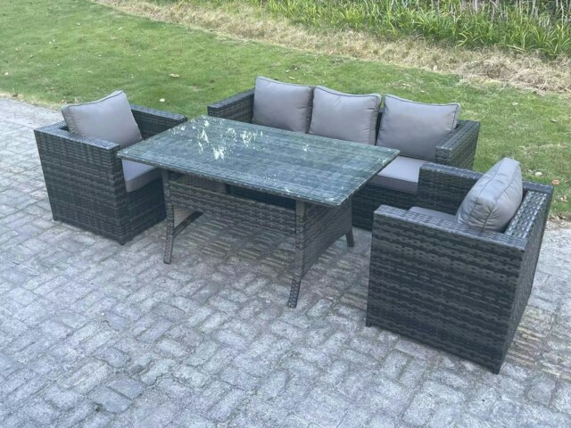 Rackhams 5 Seater PE Wicker Rattan Garden Furniture Set Patio Chair and Rectangular Dining Table Set Dark Grey Mixed - image 1