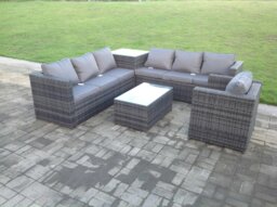 Rackhams Grey Rattan Sofa Outdoor Garden Furniture Rectangular Coffee Table Set Patio With Cushions With Chair