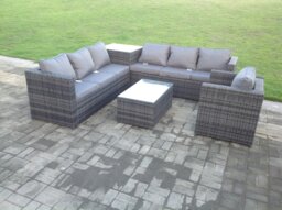 Rackhams Grey Rattan Sofa Outdoor Garden Furniture Rectangular Coffee Table Set Patio With Cushions With Chair - thumbnail 2