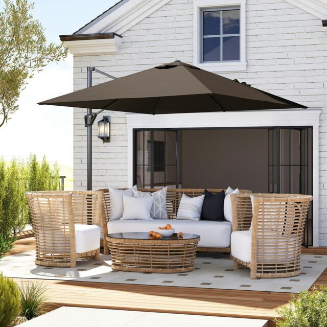 Rackhams 2.5 x 2.5m Patio Offset Parasol Umbrella Cantilever Aluminium Sun Shade Canopy Shelter 360° Rotation with Crank Handle & Cross Base - Green - Tan - 245L x 245W x 248Hcm - image 1