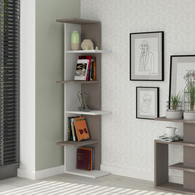 Rackhams Saso Modern Corner Bookcase Display Unit Medium 141(H)cm - Mocha Grey - image 1
