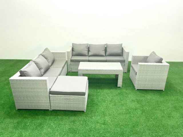 Rackhams Wicker PE Rattan Sofa Garden Furniture Set with Oblong Coffee Table Armchair Big Footstool Light Grey Mixed - image 1