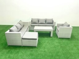 Rackhams Wicker PE Rattan Sofa Garden Furniture Set with Oblong Coffee Table Armchair Big Footstool Light Grey Mixed - thumbnail 2