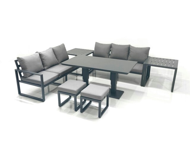 Rackhams 8 Seater Aluminium Outdoor Garden Furniture Set with Adjustable Rising Dining Table 3 Seater Sofa 2 Small Footstool 2 Side Tables Dark Grey - image 1