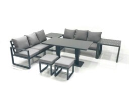 Rackhams 8 Seater Aluminium Outdoor Garden Furniture Set with Adjustable Rising Dining Table 3 Seater Sofa 2 Small Footstool 2 Side Tables Dark Grey - thumbnail 1