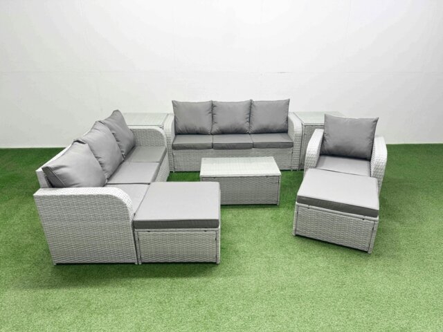 Rackhams 9 Seater Light Grey Poly Rattan Outdoor Sofa Set - 3-Seater Sofa, Reclining Chair, 2 Big Footstools & 2 Side Tables - image 1