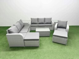 Rackhams 9 Seater Light Grey Poly Rattan Outdoor Sofa Set - 3-Seater Sofa, Reclining Chair, 2 Big Footstools & 2 Side Tables - thumbnail 1