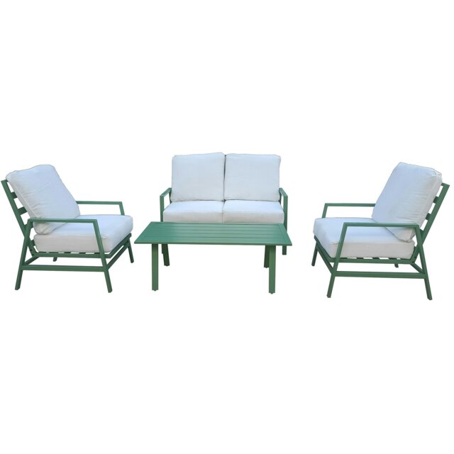 Rackhams 4 Piece Metal Garden Furniture Set, 4 Seater Sofa Set with Coffee table, Loveseat, Single Armchair, Thick Cushion, Steel Frame - Green - Green - image 1
